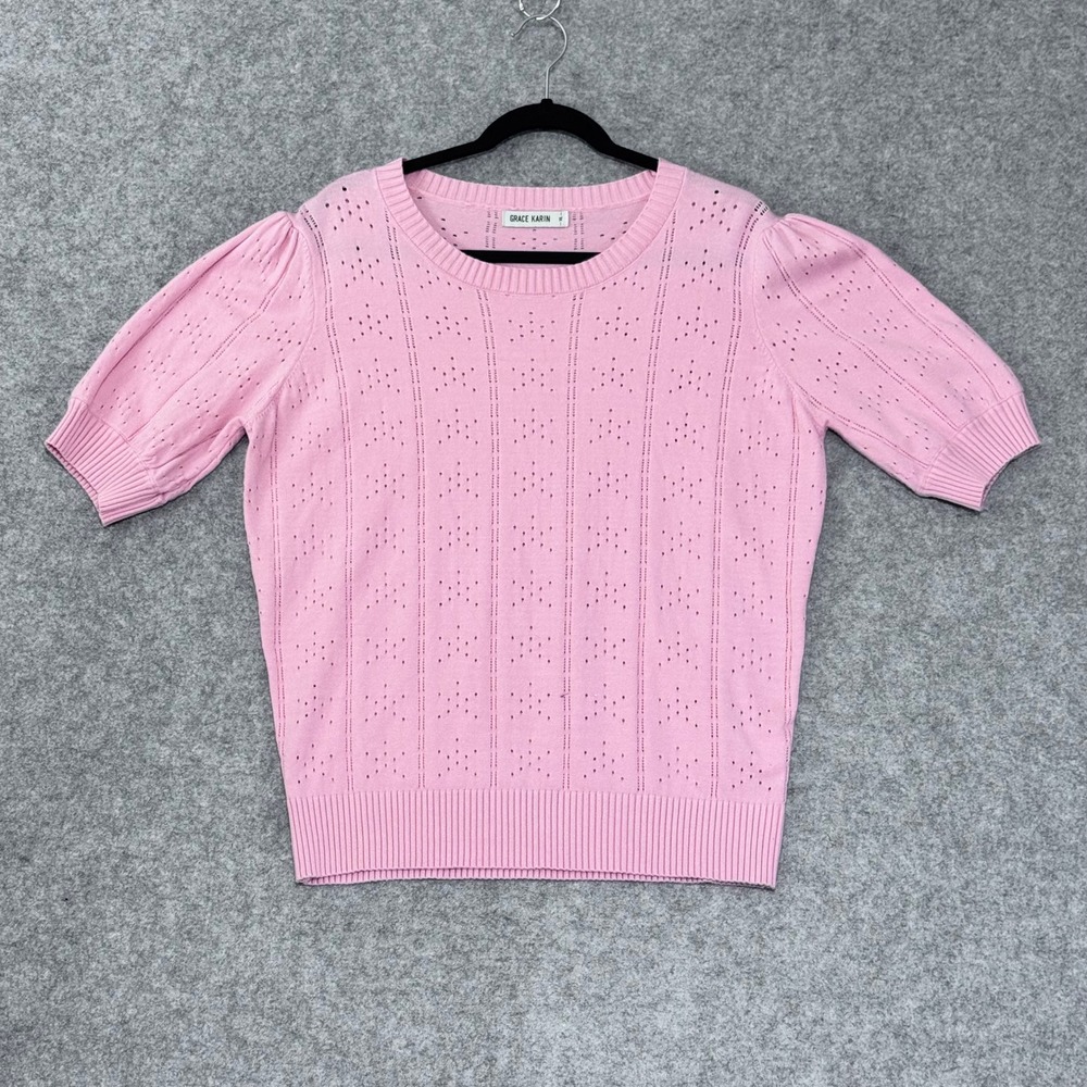 Grace Karin Sweater Pink Knit Puff Short Sleeve XL Top Balletcore Romantic Retro